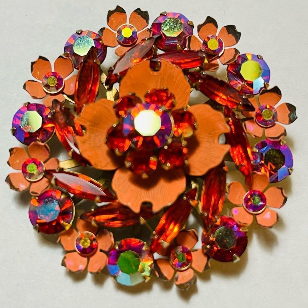 Vintage Dome Flower Brooch Pin Orange Volcano & AB Rhinestone Mat…